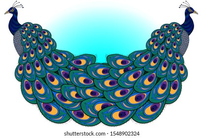 bright postcard with the image of two peacocks on the background of a heart	