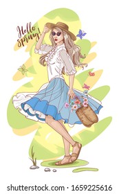 Bright postcard with the inscription "Hello spring!" Beautiful girl with long hair in hat holding handbag with flowers. Butterflies fly around. Vector illustration.