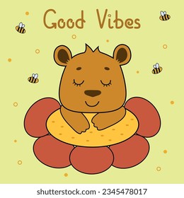 Bright postcard for kids with cute bear on a red flower, bees and elements on a background