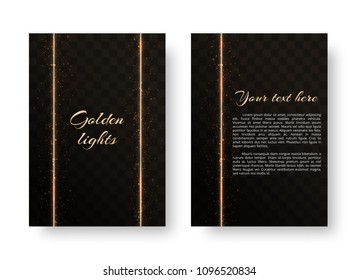 Bright postcard with luminous stripes and shiny gold particles on a translucent background. Christmas vector illustration