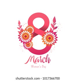 Bright postcard on the 8th of March. Bright flyer with the decor of paper cut flowers. Women's Day. Trendy Design Template. Vector illustration