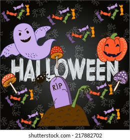 bright postcard on Halloween in cartoon style. vector