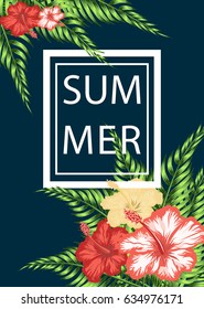 bright postcard with tropical palm trees and hibiscus flowers, summer exotic flowers