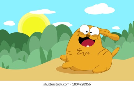 Bright postcard which depicts a running happy dog. Postcard with a clear sunny day.