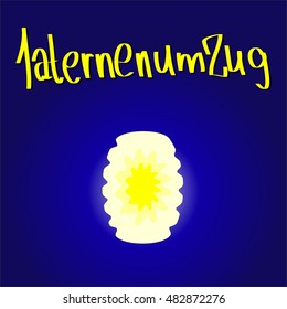 Bright postcard with yellow lights and text LATERNENUMZUG (the procession with lamps) on dark blue background for the celebrating of St. Martin's day in Netherlands and Germany on November 11