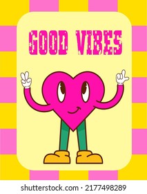 bright poster of the 70s. Retro poster with a psychedelic heart character on a checkered background