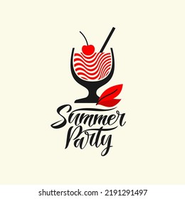 A bright poster advertises a cocktail. Drink in a glass with a straw and a slice of fruit. Beautiful illustration for your design. A glass with a drink in a fashionable mosaic style.