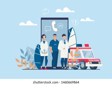 Bright Poster Ambulance Application Cartoon Flat. People in White Coats Stand on Background Smartphone and an Ambulance. Round Clock Access to Online Help  Cartoon. Vector Illustration.