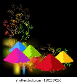 Bright Poster, Banner or Flyer design for Holi Fest Party celebration, Indian Festival. Colorful powder paints and abstract ornament on dark background. Vector illustration