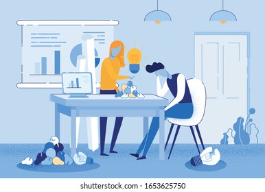 Bright Poster Breakthrough Ideas Management, Flat. Encouraging any Criticism, Even is Painfully Received by Others. Guy was Upset by Broken Light Bulbs, Sitting at Table. Girl Shows Whole Light Bulb.