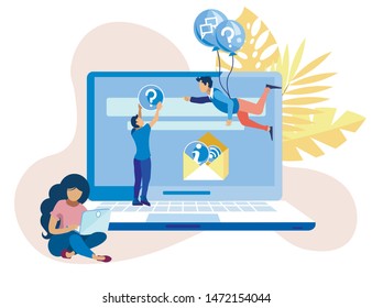 Bright Poster Call Center Agents Cartoon Flat. Certain Period Study.  Man with Balls Behind his Back is Flying Against Background Large Laptop. Girl Works with Laptop. Vector Illustration.