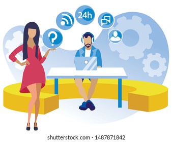 Bright Poster Call Center Setup Cartoon Flat. Willingness to Work on Shift Schedule. Guy is Sitting at Table with Laptop in Headphones, Girl is Standing Next to him. Vector Illustration.