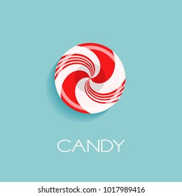 Bright poster with candy drop and sample text. Red and white glossy realistic lollipop with shadow isolated on spearmint color background. Vector design for icon, logo or branding