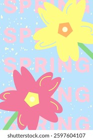Bright poster or card with primrose flowers in fresh spring pastel shades. Playful modern floral design with textured background and bold shapes for printing materials, holiday cards, branding, etc.  