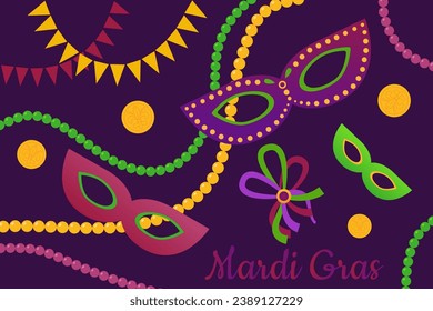 Afiche luminoso del partido de carnaval Mardi gras. Mascaradas de mascarada, cuentas, doblones, banderas, guirnaldas con los colores tradicionales de las fiestas. Miércoles goroso, festival. Diseño de tarjeta de felicitación, banner, embalaje de regalo