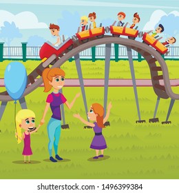 Bright Poster Children Attractions Cartoon Flat. Park has Attractions that Attract People an Active Lifestyle.  Woman Brought Girls to an Amusement Park. Children Ride on Carousel. 
