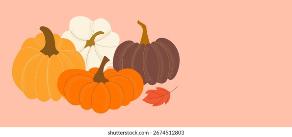 Cartel brillante con calabazas estampadas de colores. Plantilla de postal, saludo, invitación al Día de Acción de Gracias, festival de la cosecha y otras fiestas de otoño. Afiche de otoño.