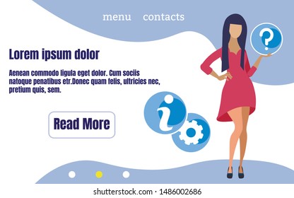 Bright Poster Customer Information Support Flat. Operator is Able to Quickly Raise Necessary Information. Girl in Dress Holds  Button on her Hand with Symbol Question, Information and Support. 