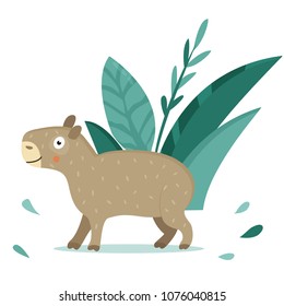 Bright poster with cute capybara in the jungle.