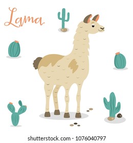 Bright poster with cute lama in cacti.