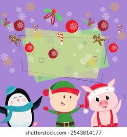 Bright poster design with Christmas characters. Illustration of penguin, piglet and elf on background with snowflakes, candy canes. Can be used for postcards, greeting cards, leaflets