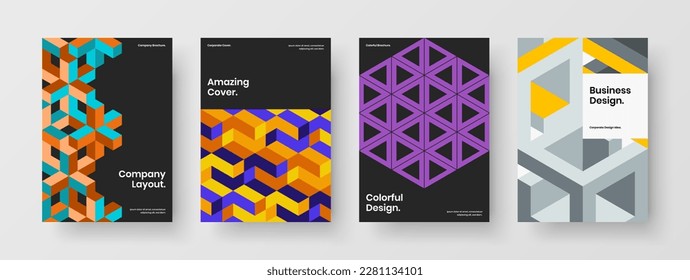 Bright poster design vector illustration collection. Multicolored mosaic tiles brochure layout composition.
