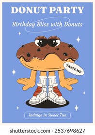 Cartaz brilhante com um personagem de rosquinha com olhos, braços e pernas em um estilo groovy em um fundo azul. Pastéis e doces. Doce festa de rosquinha em chocolate. Caractere vetorial