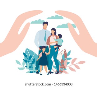 Bright Poster Family Protection with Children. State Protection for Families with Small Children. Parents and Children Stand in Park, Close-up above his Hands. Vector Illustration.