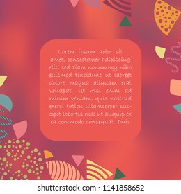 Bright Poster with Geometric Abstract Shapes, Patterns on the Red Uneven Mesh Background. Rounded Square Substrate for Text. Perfect for Ad, Invitation, Presentation Header, Page, Cover. Vector EPS 10