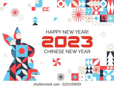 A bright poster with a geometric pattern. Happy Chinese Rabbit New Year. Asian zodiac. Scandinavian style