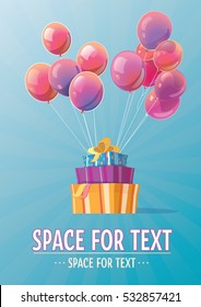 Bright poster with gift and balloons.Flying balloons.Vector Illustration.Surprise Template of  Magazines,Posters,Book Cover,Banners.Christmas Gift Box.Gift tied to Balloons.Mountain gift