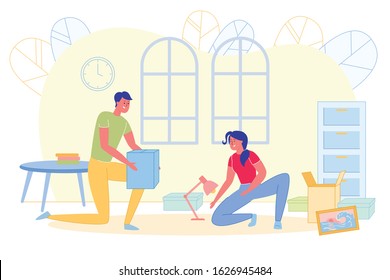 Bright Poster, Girl Moved to Boyfriends House. Couple Unpacks Boxes with Things in Living Room. Room Little Things, Table with Books and Nightstand. Guy and Girl Look at each other and Smile.