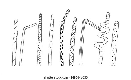 Bright poster hand drawn straw plastic, cartoon flat. Quick sketch. Set tubules for cocktails. Straight and curved disposable cocktail drinking straw. Diverse pattern. Vector illustration.