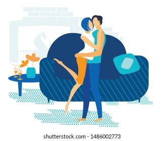 Bright Poster Hugs Couple in Love Cartoon Flat. Two People Sincerely Commit Themselves to Marriage. Man and Woman are Embraced at Home by Sofa and Look into Each others Eyes. Vector Illustration.