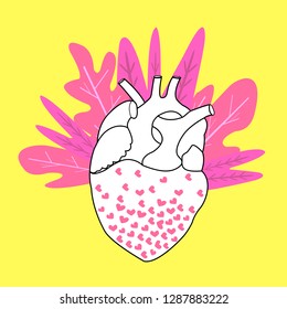 Bright poster with human heart ornaments with pink hearts and leaves on a yellow background. Valentine's Day. Romance and dating holiday greeting card, poster design. Vector