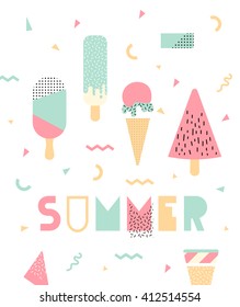 Bright poster with ice cream. ice cream with elements of Memphis. Cover for notebook or phone.