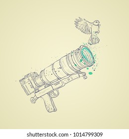 Bright poster with image of a camera and bird. Vector illustration.