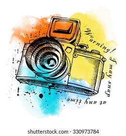 Bright poster with image of a color camera. Vector illustration.
