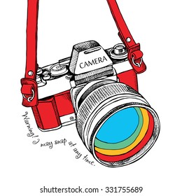 Helles Poster mit Bild einer Farbkamera. Vektorillustration.