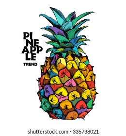 Bright Poster with Image of a pineapple fruit. Vector illustration.