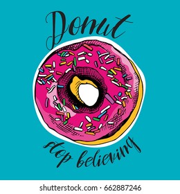 Bright Poster. Image of a pink Donut with sprinkles on a blue background. Vector illustration.