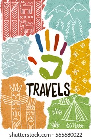Bright poster with the imprint of hands dedicated to travel.