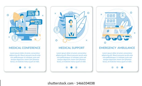 Bright Poster  Inscription Medical Conference. Banner is Written Medical Support, Emergency Ambulance. Application for Medical Patient Support. Doctor Contacts Patient Through an App.