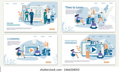 Bright Poster Inscription Online Consultation. Banner Is Written E-learning, Time to Learn, Online Medical Conference. Banner Students Study at Medical University. Vector Illustration.