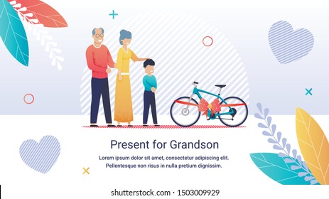 Bright Poster Inscription Present for Grandson. Happy Joyful Grandmother and Grandfather Give Grandson Bicycle. Gift is Decorated with Ribbon with Bow. Boy Rejoices at his Gift.  People on Outdoors.