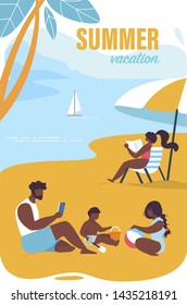 Bright Poster Inscription Summer Vacation Cartoon. Parents With Children Relax On Beach. Father Sits In Sand With Children. Woman Sunbathes On Lounger. Beautiful Sea View. Vector Illustration.