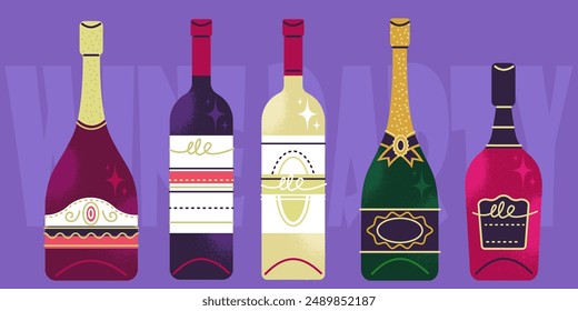bright poster with the inscription "Wine party". group of different bottles of red and white wine. flat pattern with texture. stock vector illustration. EPS 10.