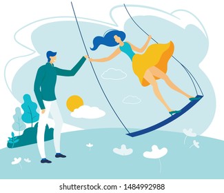 Bright Poster  Man with Woman Riding Swing Flat. Beginning Relationship is Strong Attraction. Happy Husband and Wife are Walking in Park and have Fun Riding on Swing. Vector Illustration.