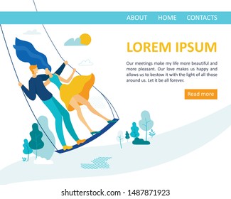 Bright Poster  Man with Woman Riding Swing Flat. Couple in Love Begins to Recognize Each Other Better. Happy Guy and Girl Ride Together While Standing on Large Swing. Vector Illustration.