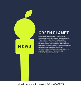 Bright poster with microphone and apple on the eco theme on a dark background. Vector illustration in flat minimalistic style